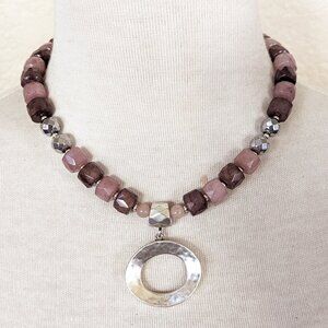 Mauve Purple & Eggplant Purple Agate & Hematite Pendant Statement Necklace